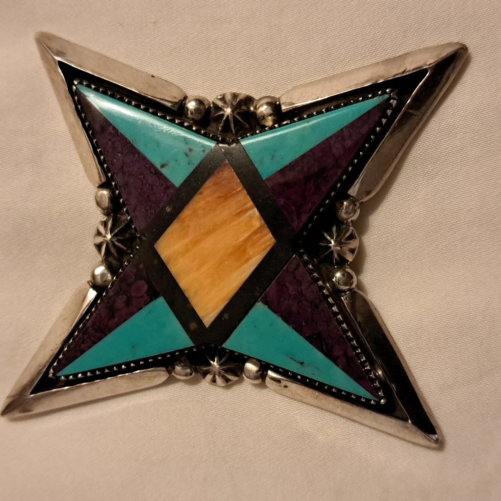 Sterling star shaped pin Austin Garcia turquoise inlay 38 grams Navajo  vintage